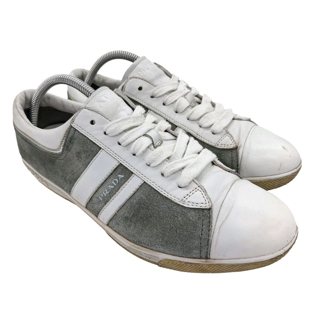 Prada Shoes Mens UK 7.5 US 8.5 White Gray Suede Low Top Casual Sneakers 4E 2013